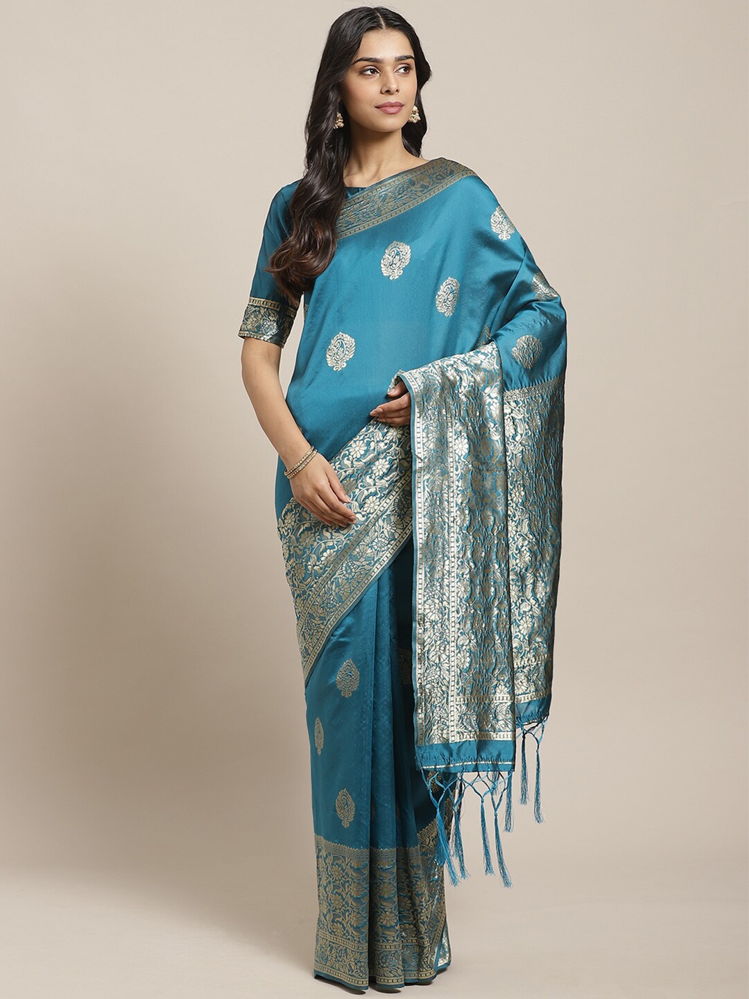 

Saree mall Teal & Silver-Toned Woven Design Zari Silk Blend Banarasi Sarees