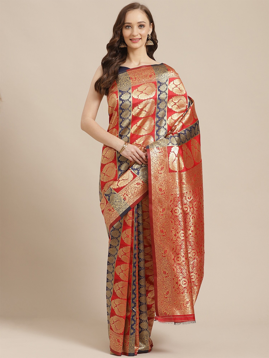 

Saree mall Red & Gold-Toned Woven Design Zari Silk Blend Banarasi Sarees