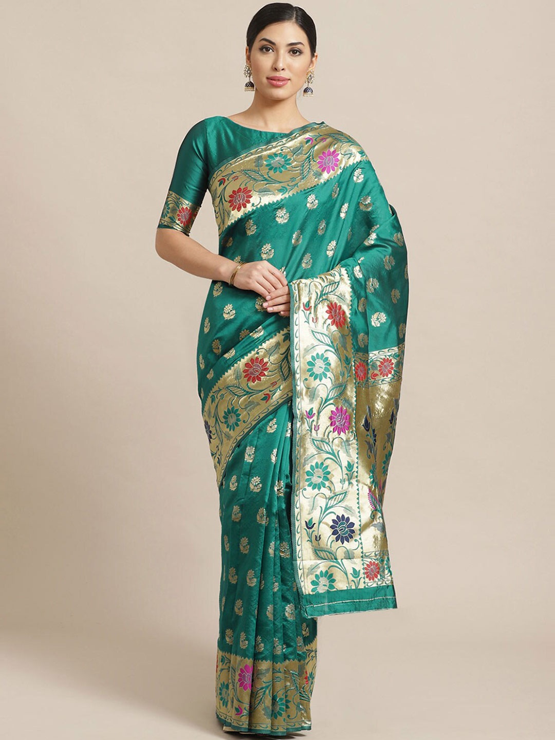 

Saree mall Green & Gold-Toned Floral Silk Blend Banarasi Sarees