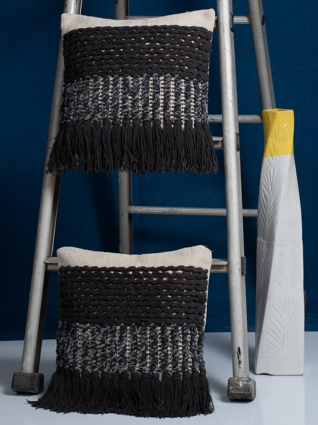 

HOSTA HOMES Black & Off White Set of 2 Handcrafted Cotton Square Cushion Covers