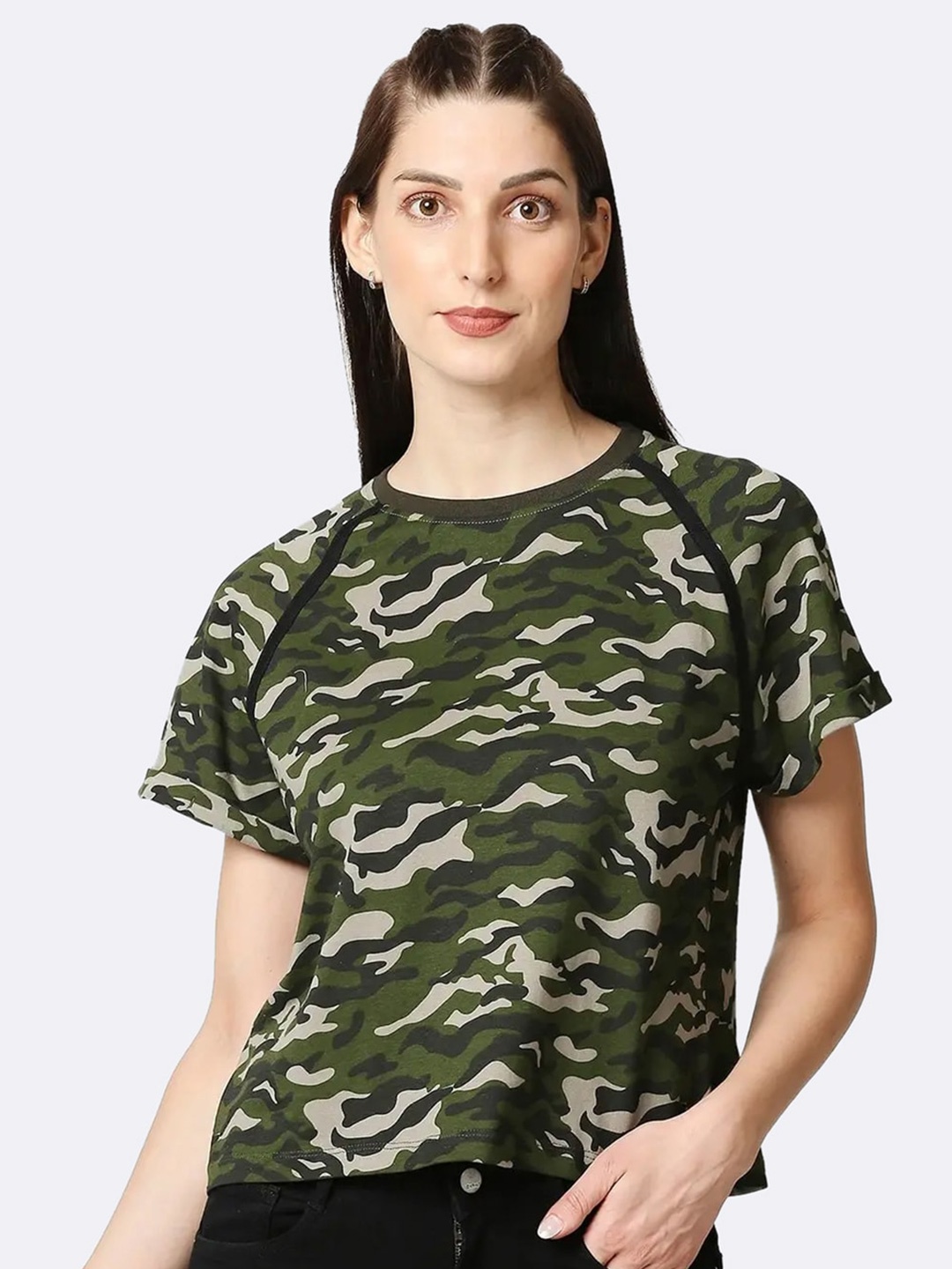 

Bewakoof Women Green Camouflage Printed Boyfriend T-Shirt