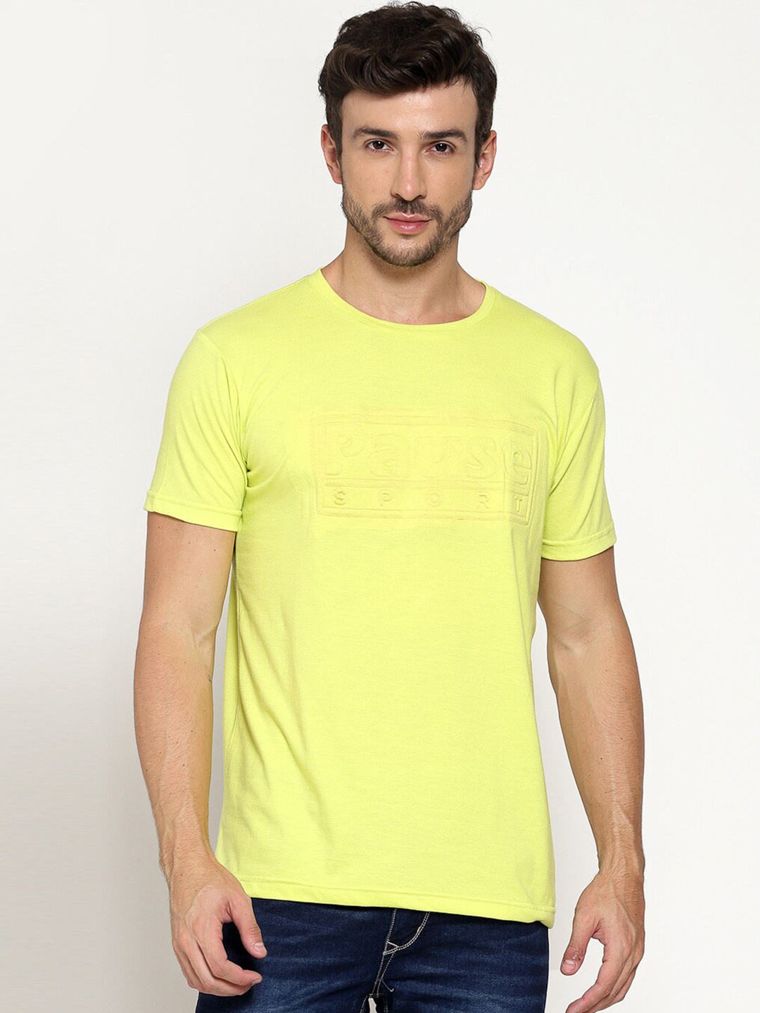 

PAUSE SPORT Men Lime Green Slim Fit T-shirt