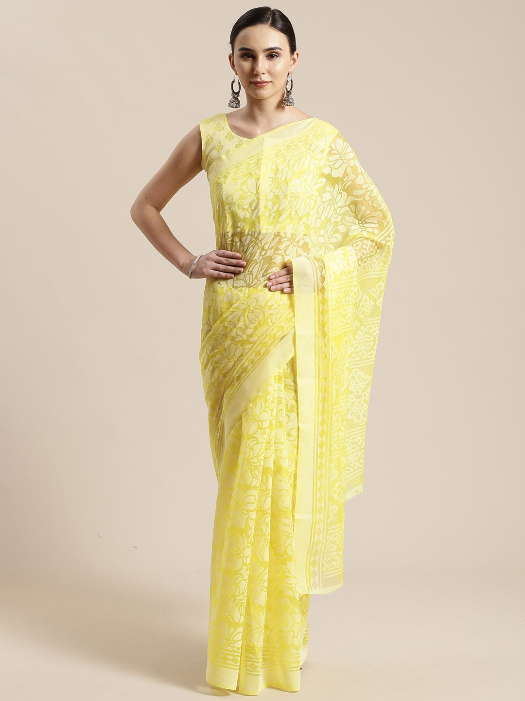 

Saree mall Yellow Floral Brasso Sarees