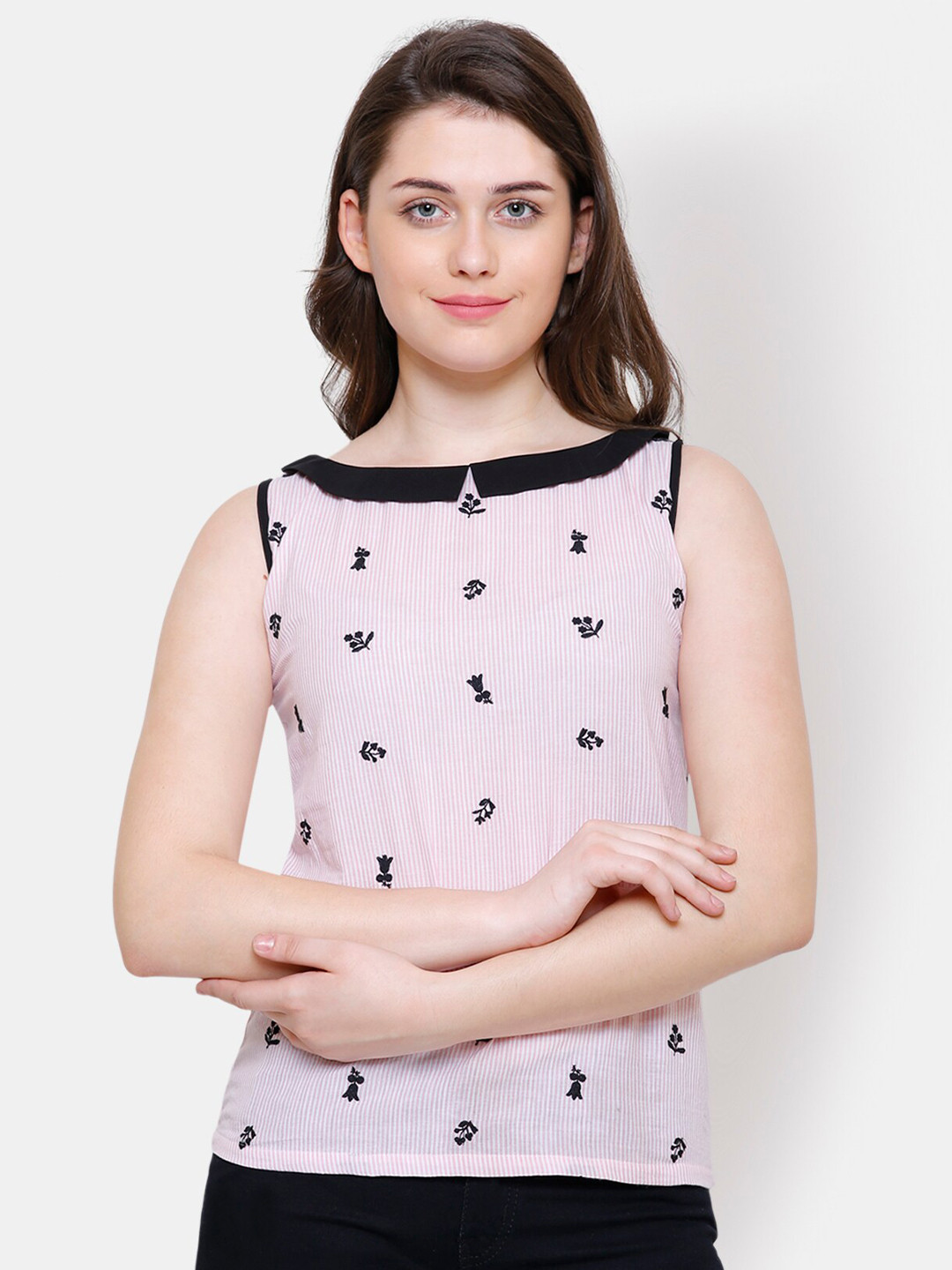 

Yaadleen Pink & Black Floral Embroidered Regular Top