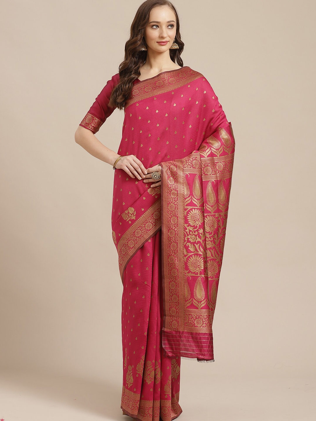 

Saree mall Pink & Gold-Toned Woven Design Silk Blend Banarasi Sarees