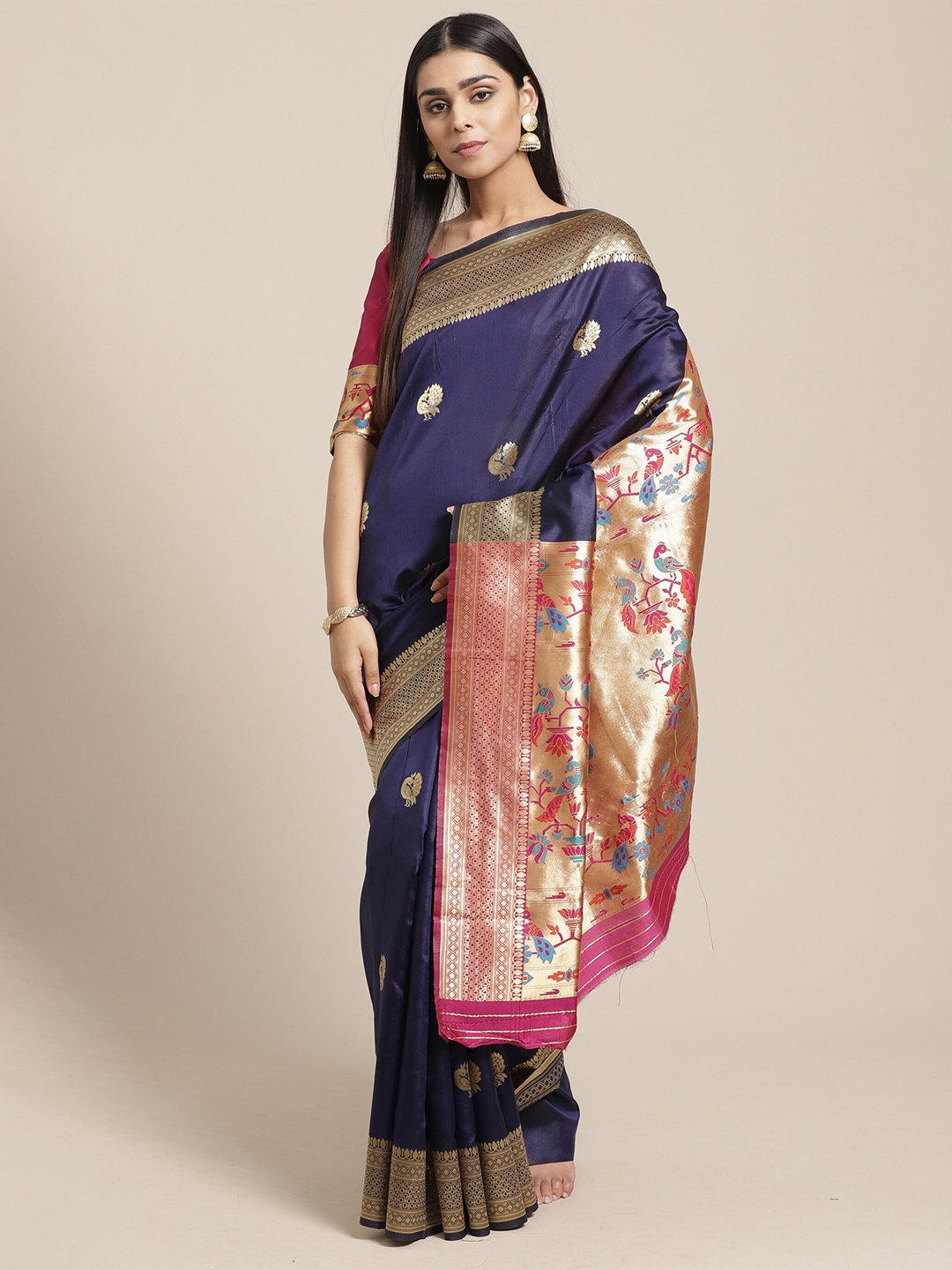 

Saree mall Navy Blue & Gold-Toned Ethnic Motifs Zari Silk Blend Banarasi Handloom Sarees