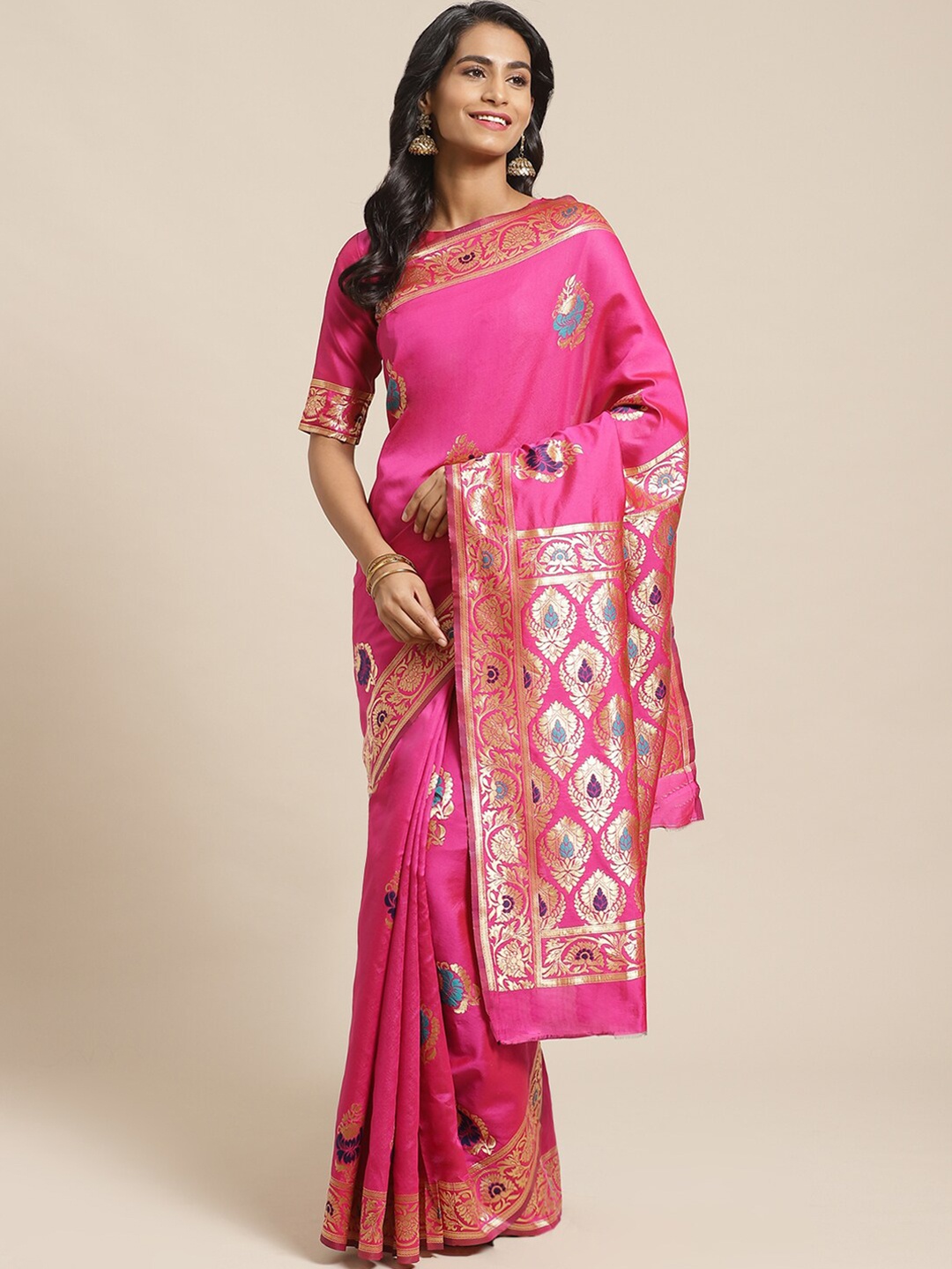 

Saree mall Pink & Gold-Toned Floral Silk Blend Banarasi Sarees