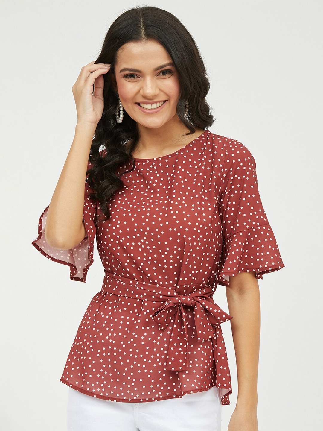 

Harpa Rust Red & White Geometric Bell Sleeve Crepe Cinched Waist Top