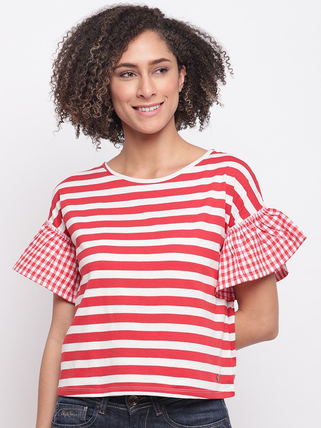 

Pepe Jeans Women Red Striped Extended Sleeves T-shirt