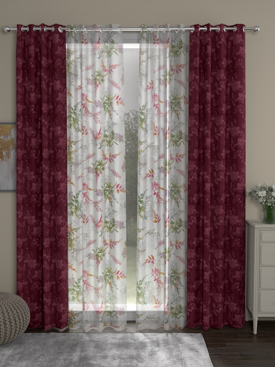 

ROSARA HOME Maroon & White Set of 4 Sheer & Regular Floral Door Curtain