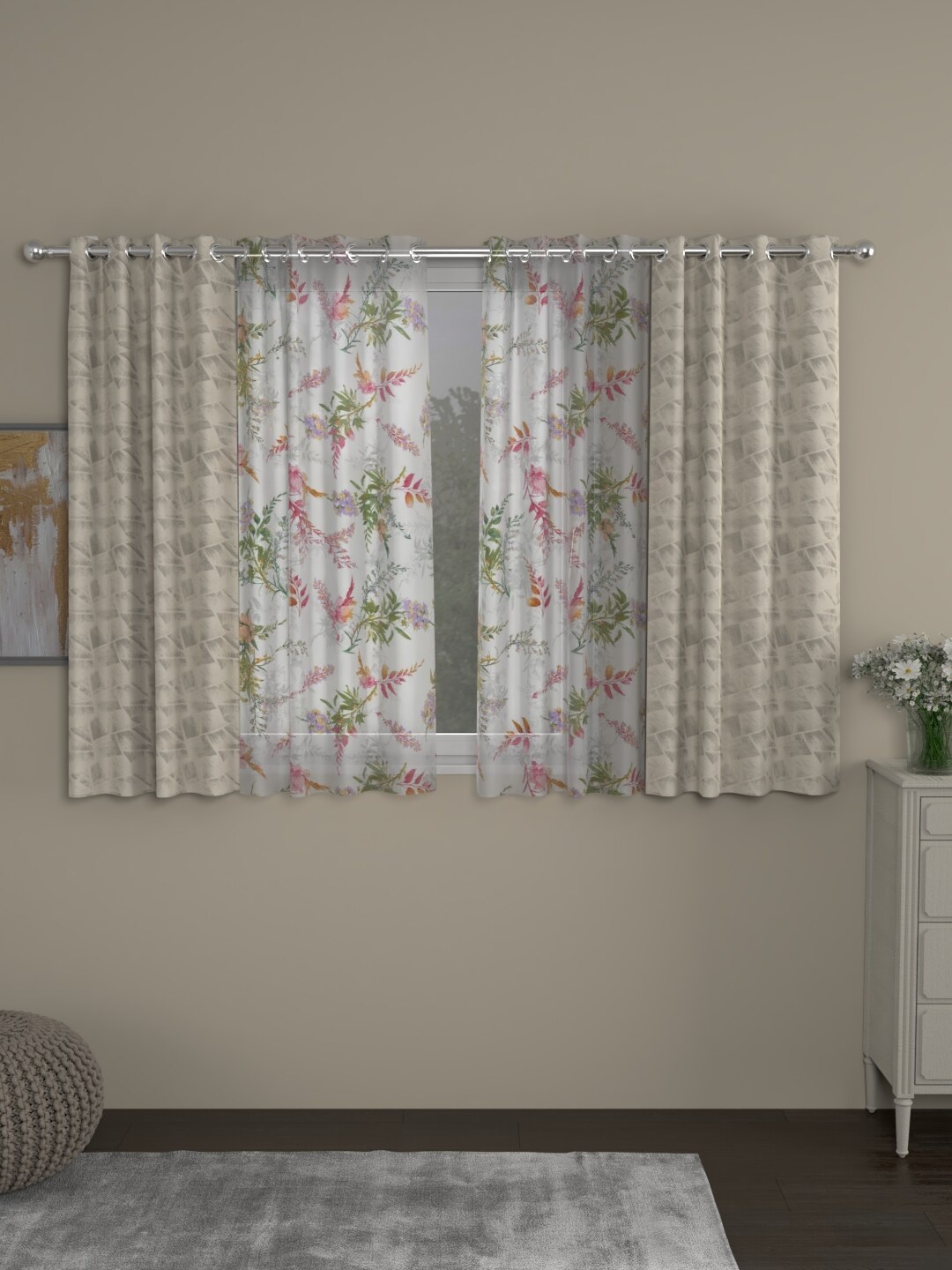 

ROSARA HOME Beige Set of 4 Floral Regular & Sheer Window Curtain