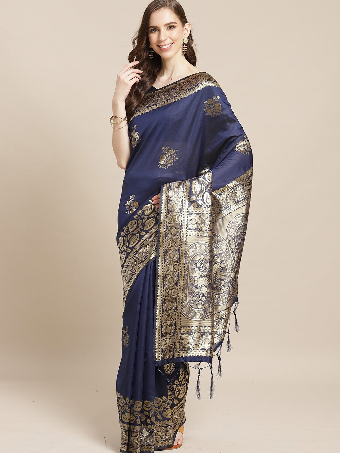 

Saree mall Navy Blue & Gold-Toned Floral Silk Blend Handloom Banarasi Sarees