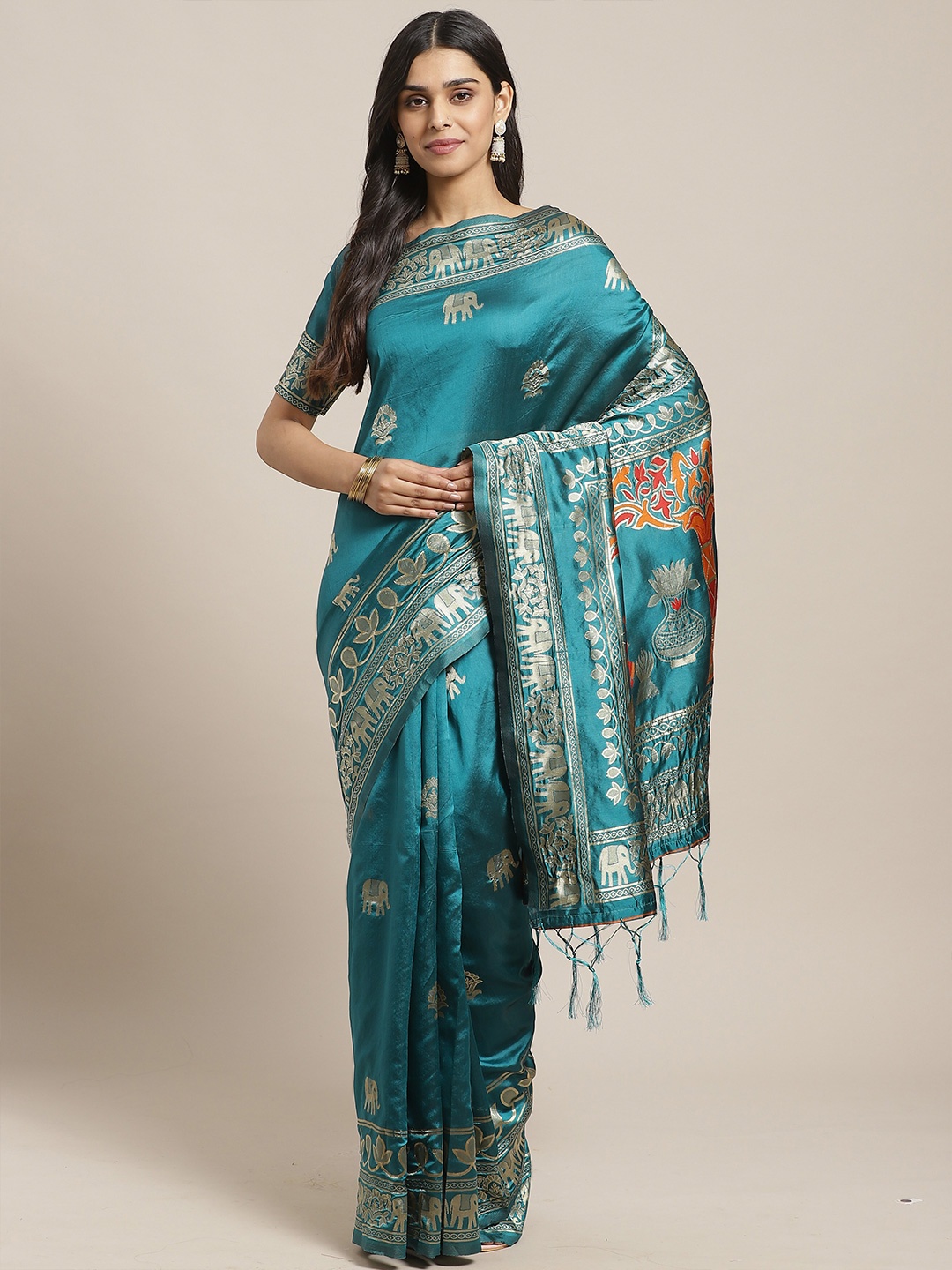

Saree mall Teal Green & Gold-Toned Ethnic Motifs Silk Blend Banarasi Sarees