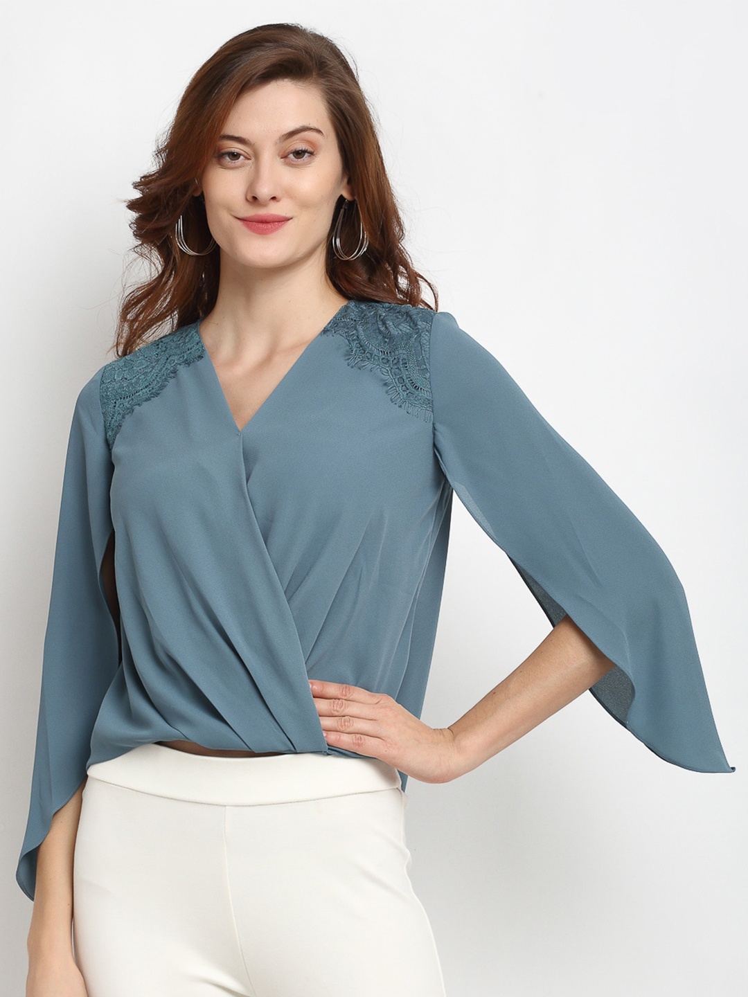 

Gipsy Blue Medium Length V-Neck Polyester Blouse