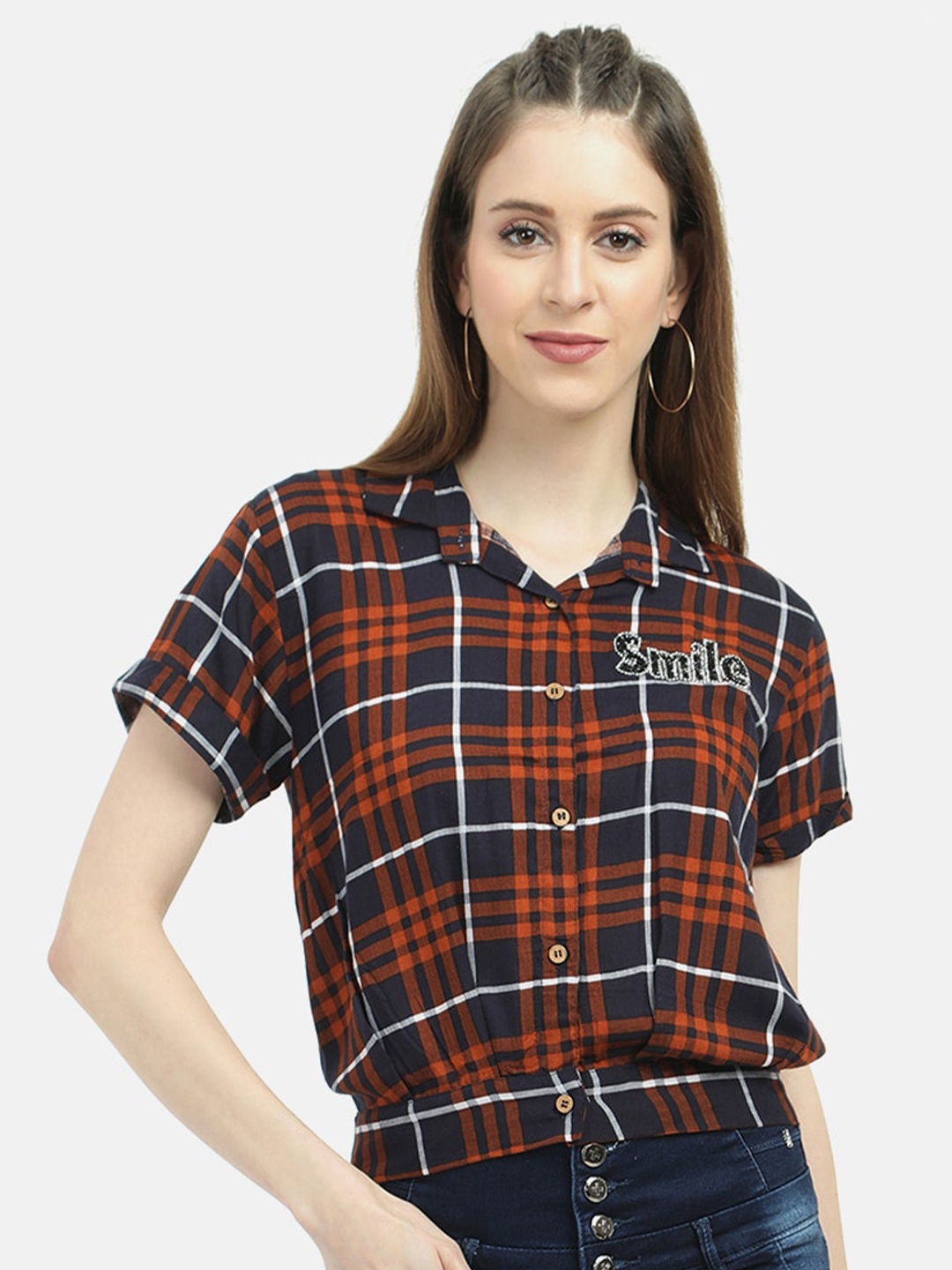 

V2 Value & Variety Orange & Navy Blue Checked Applique Shirt Style Top