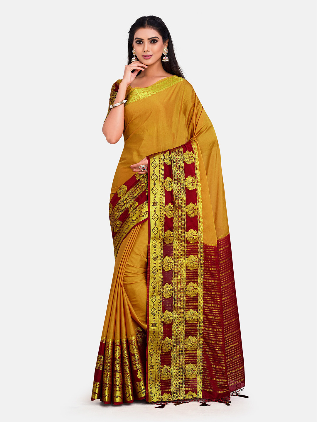 

MIMOSA Mustard Yellow & Maroon Zari Mysore Silk Saree