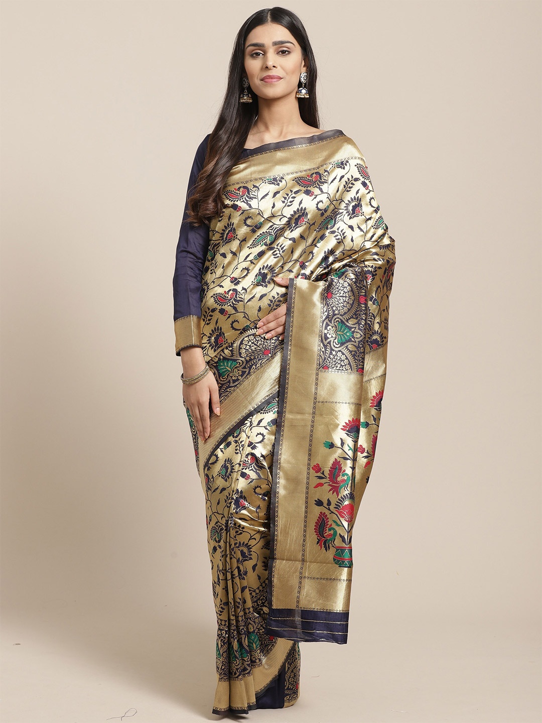 

Saree mall Navy Blue & Gold-Toned Warli Zari Silk Blend Heavy Work Banarasi Sarees