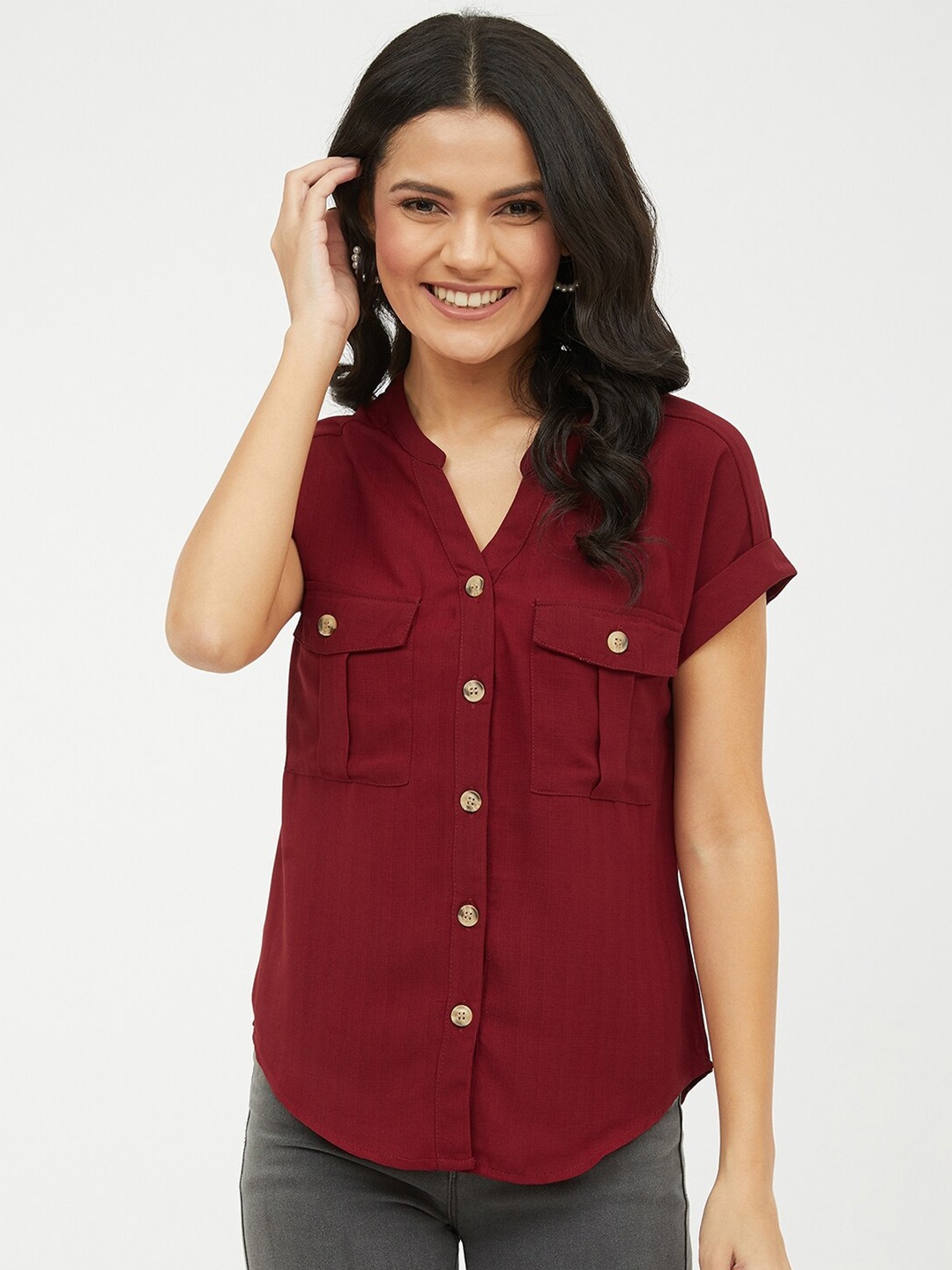 

Harpa Maroon Mandarin Collar Shirt Style Top