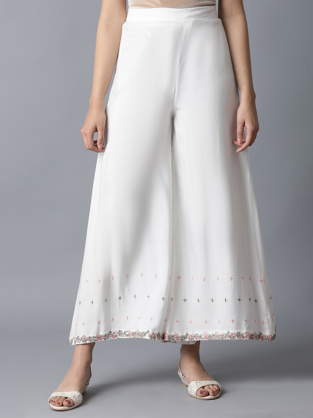 W Women Off White & Pink Floral Hem Design Ethnic Palazzos