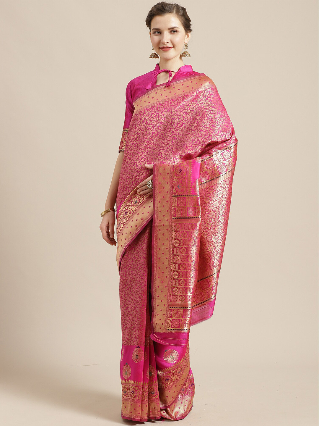 

Saree mall Pink & Gold-Toned Ethnic Motifs Silk Blend Banarasi Sarees