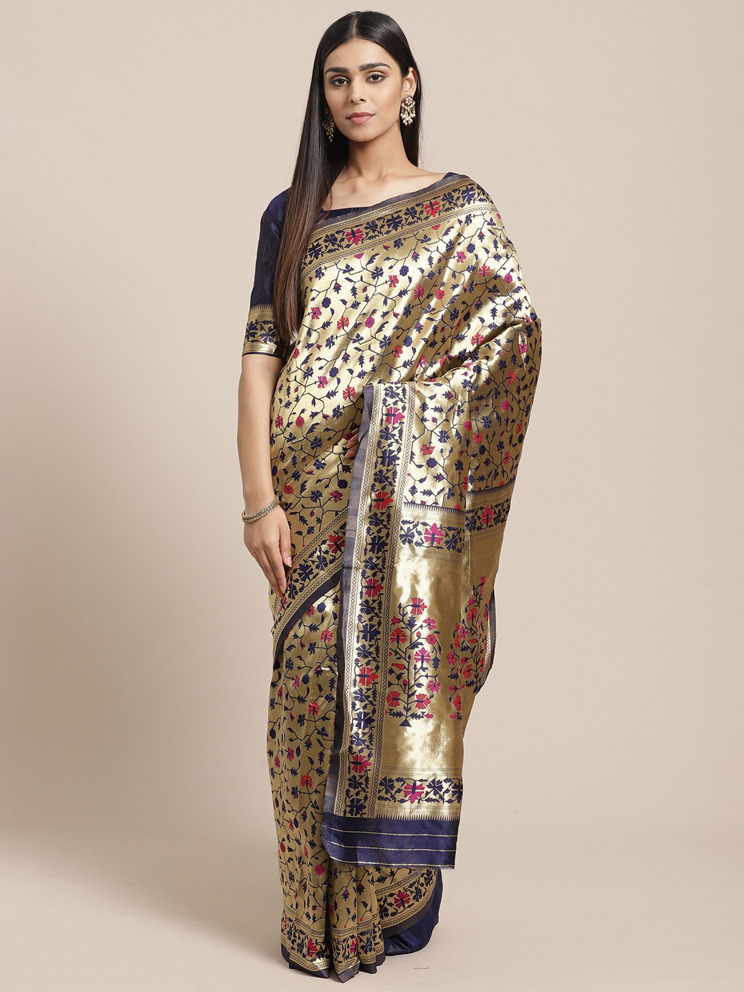 

Saree mall Navy Blue & Gold-Toned Floral Silk Blend Sarees
