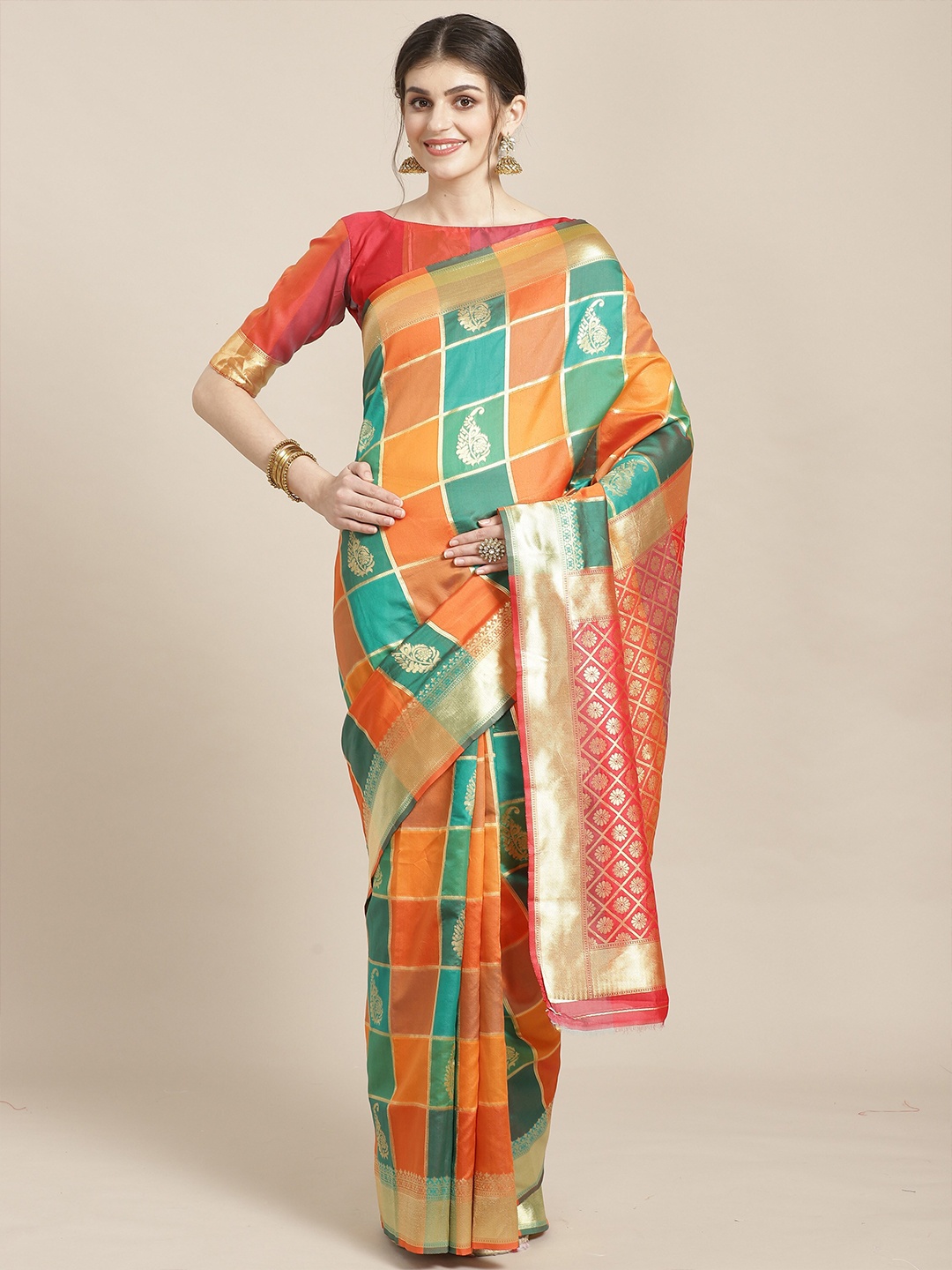 

Saree mall Green & Orange Checked Zari Silk Blend Banarasi Sarees