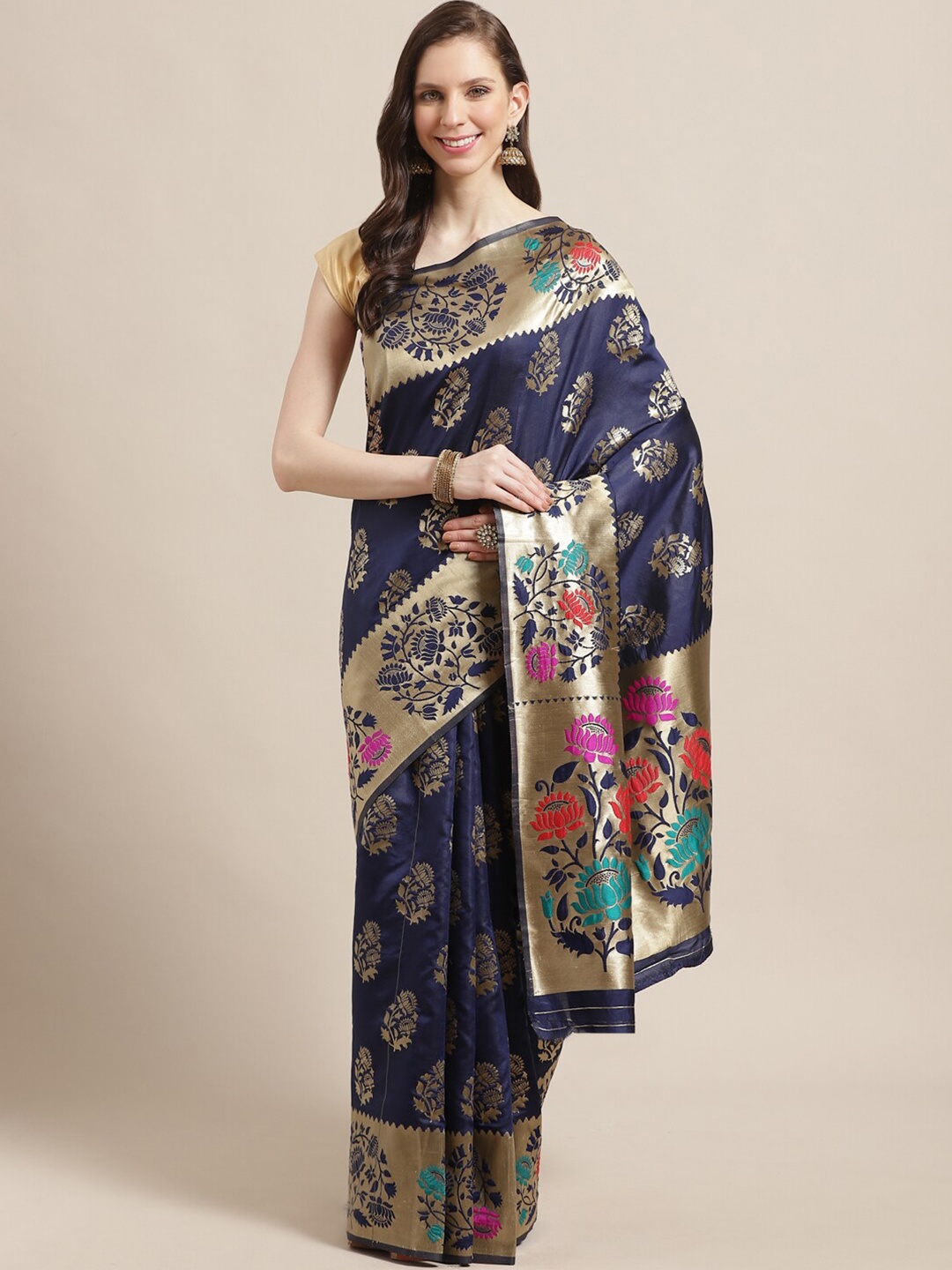 Saree mall Navy Blue & Pink Floral Zari Silk Blend Banarasi Sarees