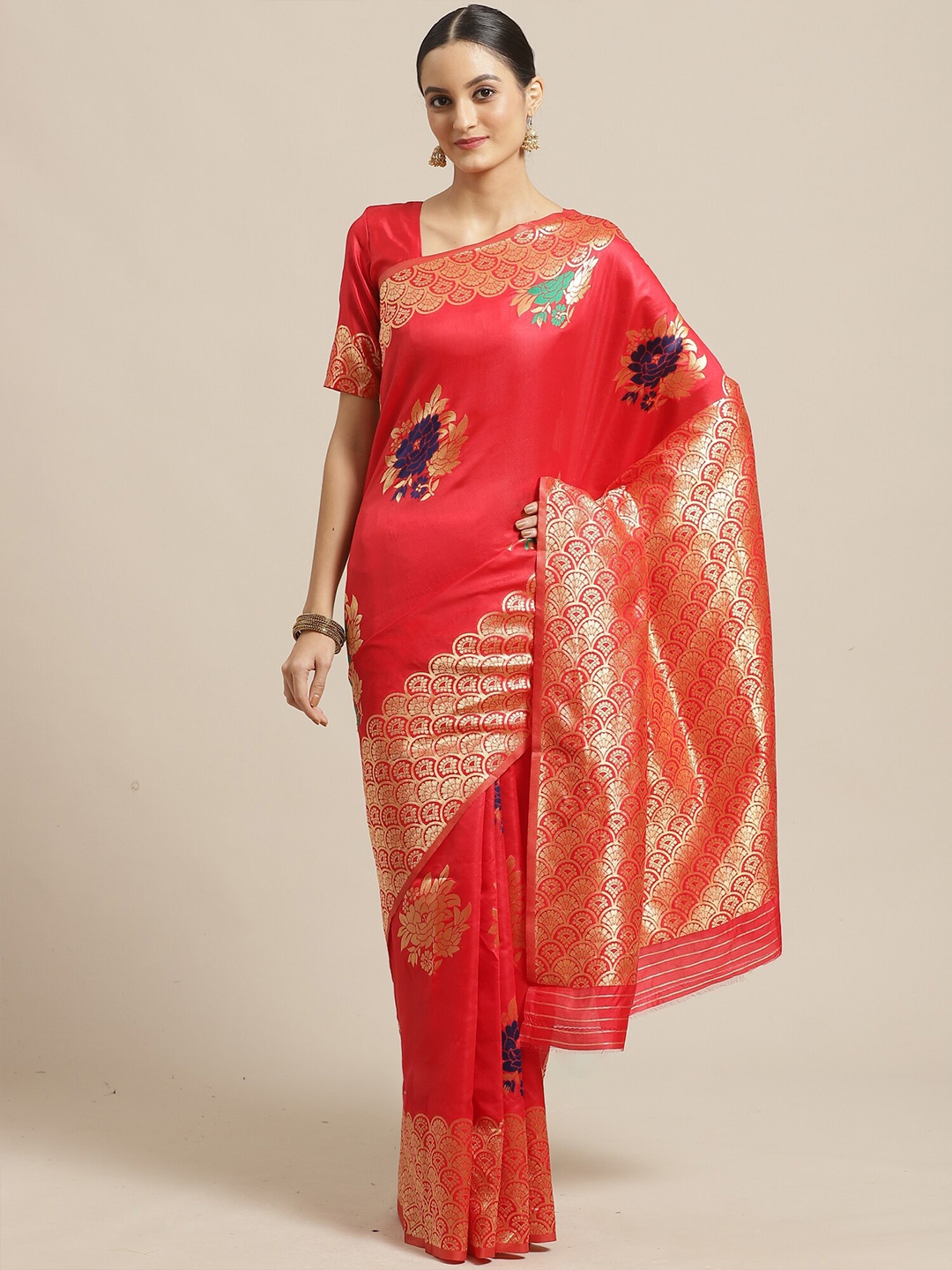 

Saree mall Red & Gold-Toned Woven Design Silk Blend Banarasi Sarees
