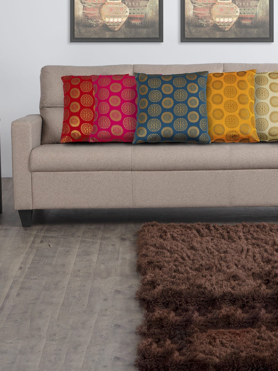 Home Centre Yellow & Pink Set of 5 Geometric Square Cushion Covers