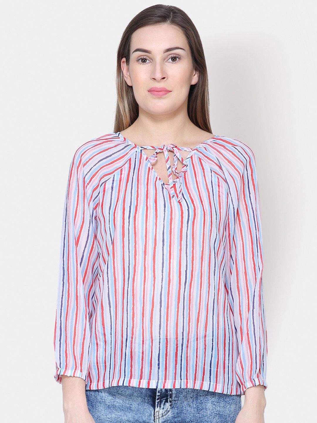 

Yaadleen Pink & White Striped Regular Top
