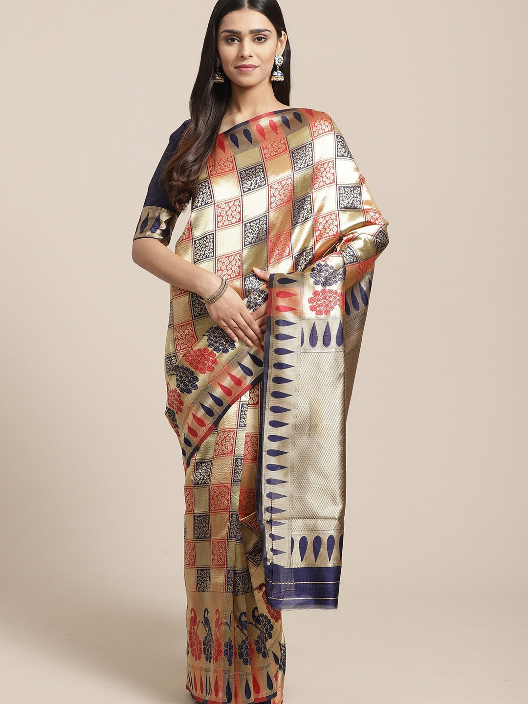 

Saree mall Navy Blue & Red Checked Silk Blend Banarasi Sarees