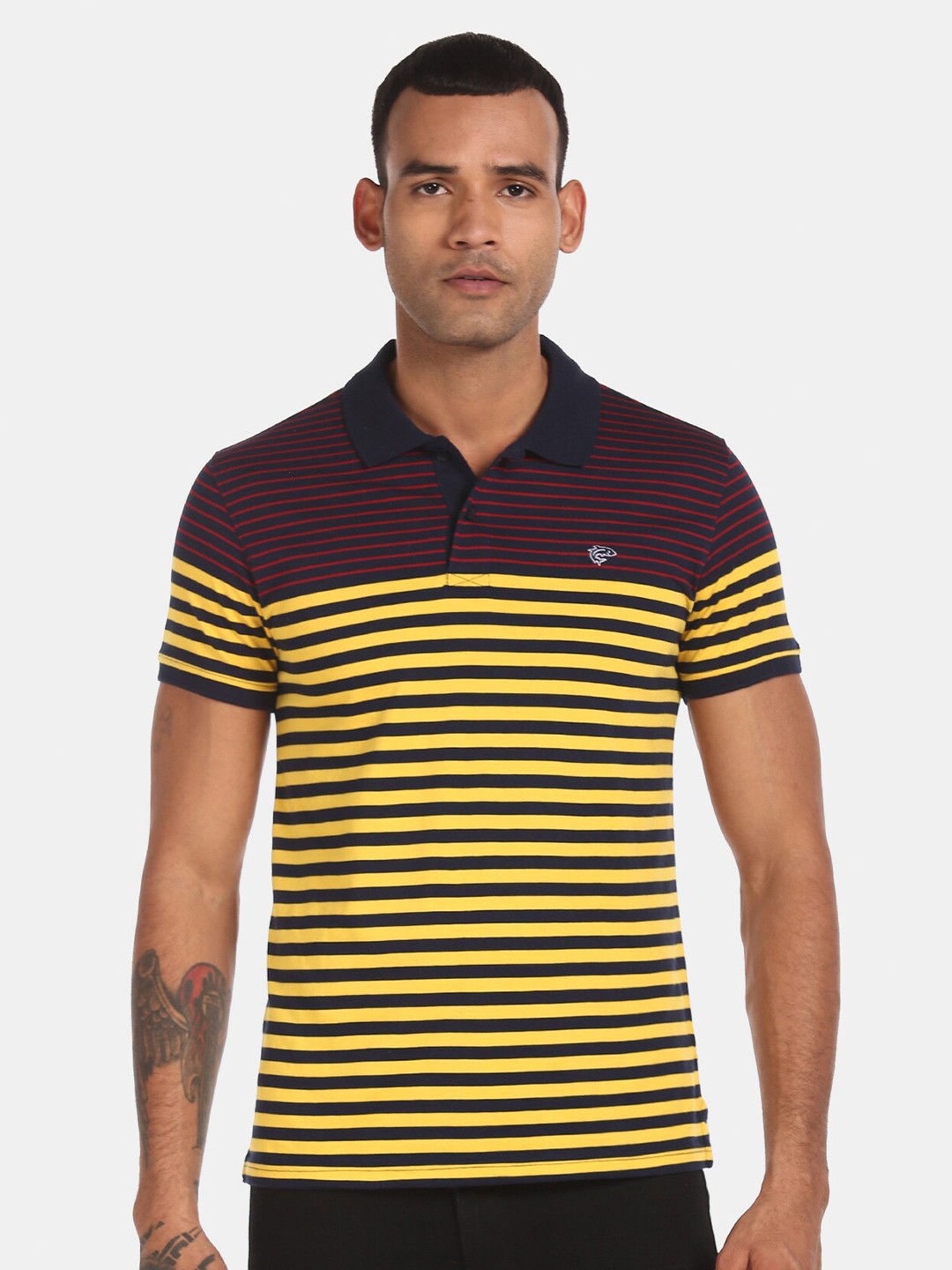 

Ruggers Men Navy Blue & Yellow Striped Polo Collar T-shirt