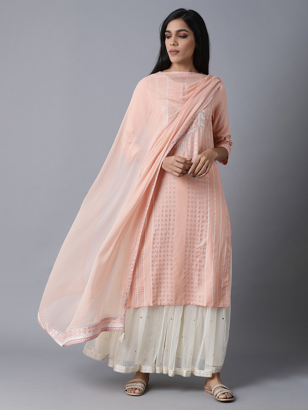 

W Pink & White Viscose Rayon Dupatta with Mukaish