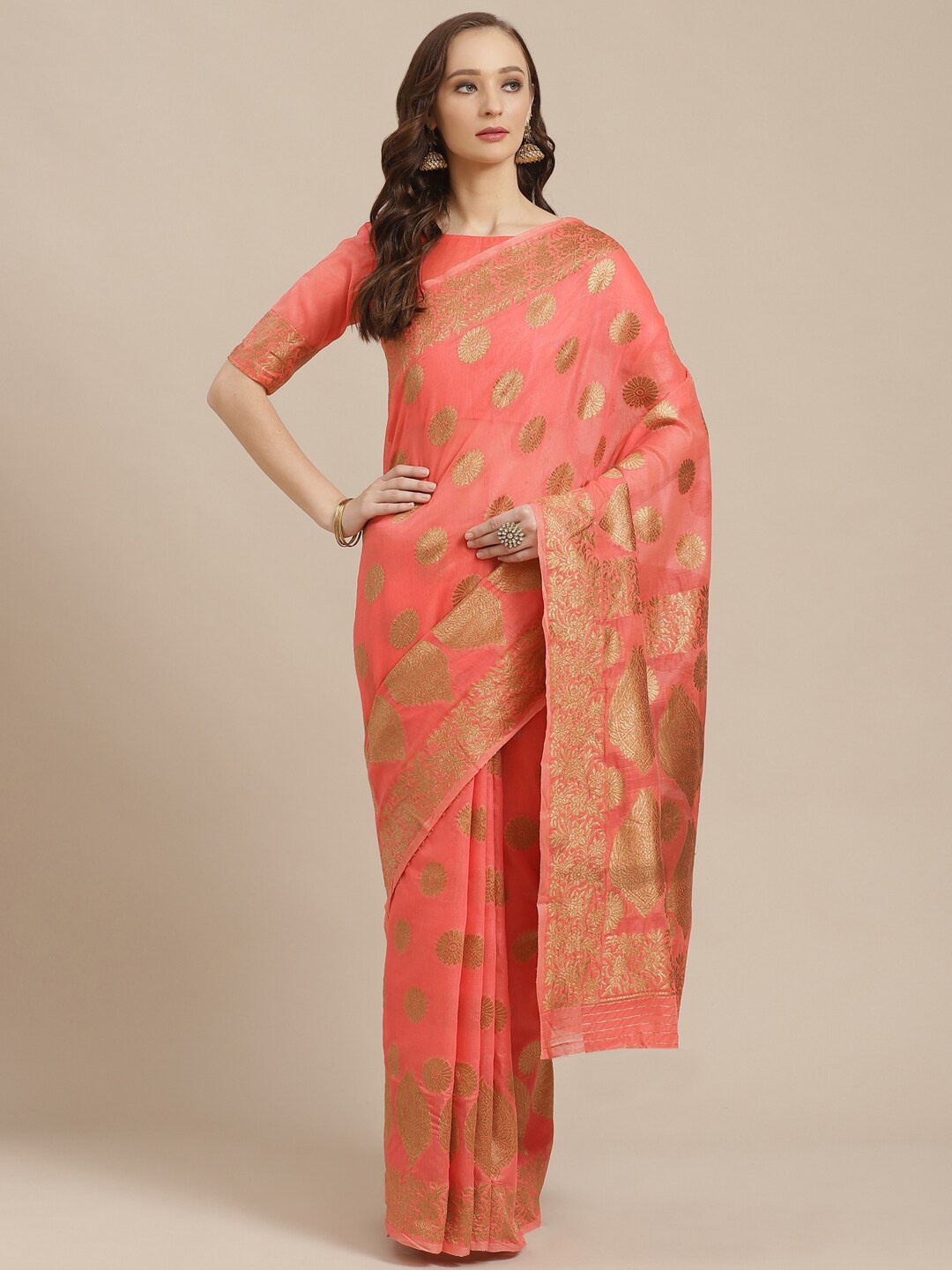 

Saree mall Peach & Gold-Toned Ethnic Motifs Silk Blend Banarasi Sarees