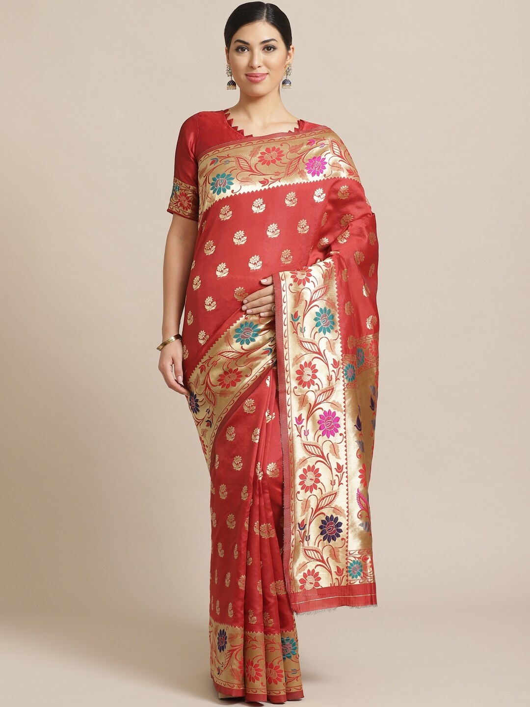 

Saree mall Rust & Gold-Toned Floral Zari Silk Blend Handloom Sarees