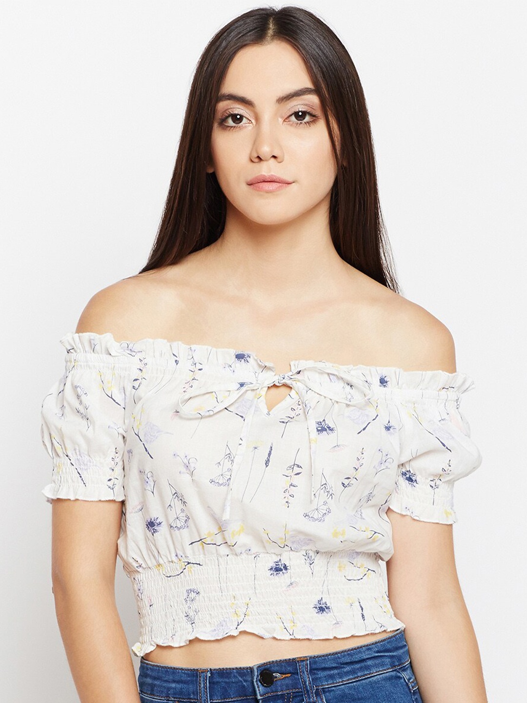 

Oxolloxo Women White Floral Off-Shoulder Bardot Crop Top