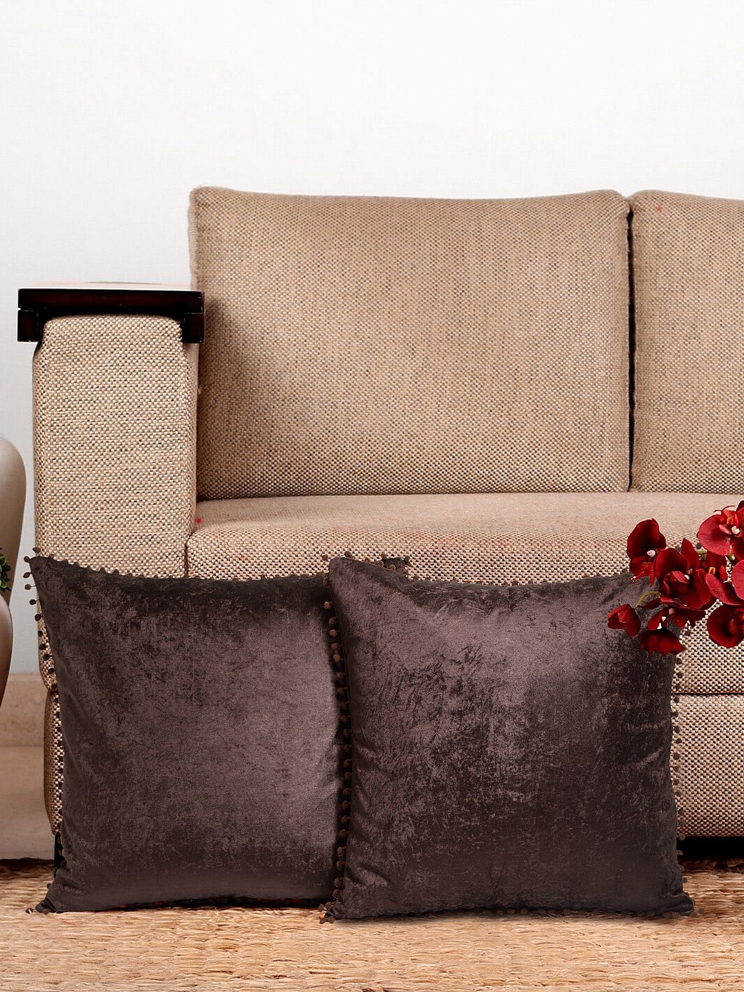 HOSTA HOMES Brown Set of 2 Velvet Square Cushion Covers