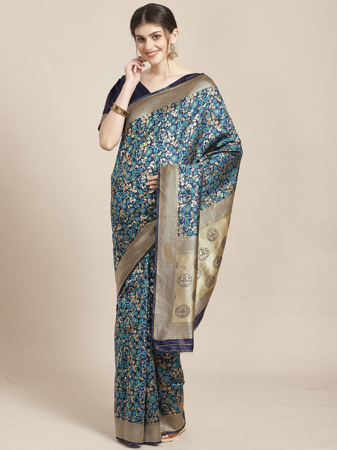 

Saree mall Navy Blue & Gold-Toned Floral Silk Blend Banarasi Sarees