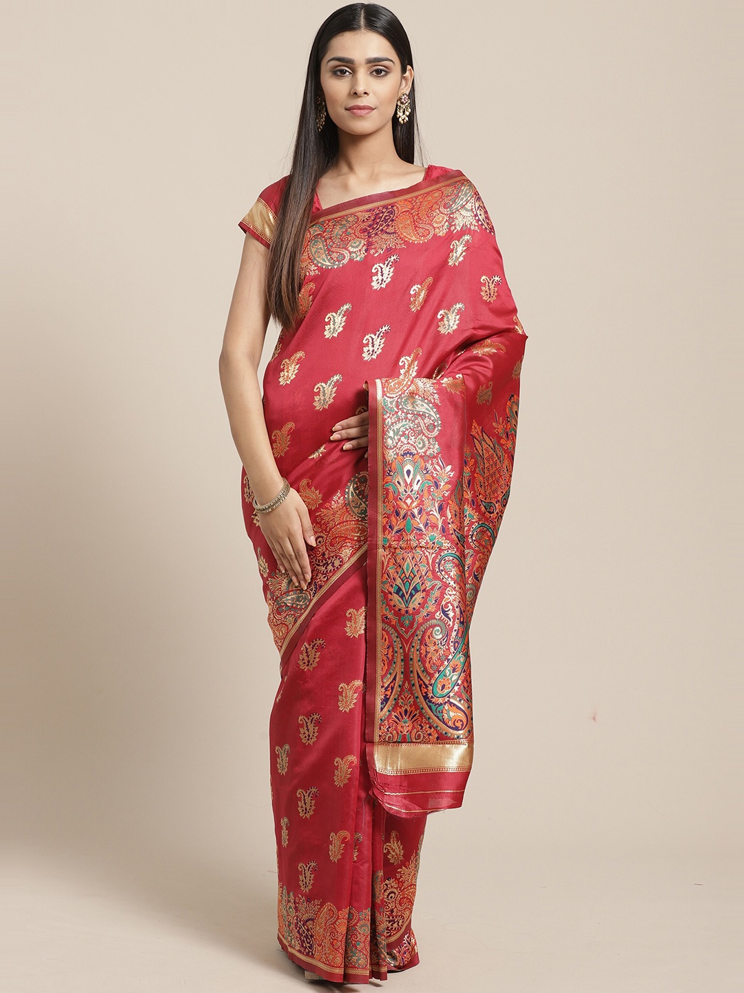 

Saree mall Red & Gold-Toned Paisley Zari Silk Blend Banarasi Sarees