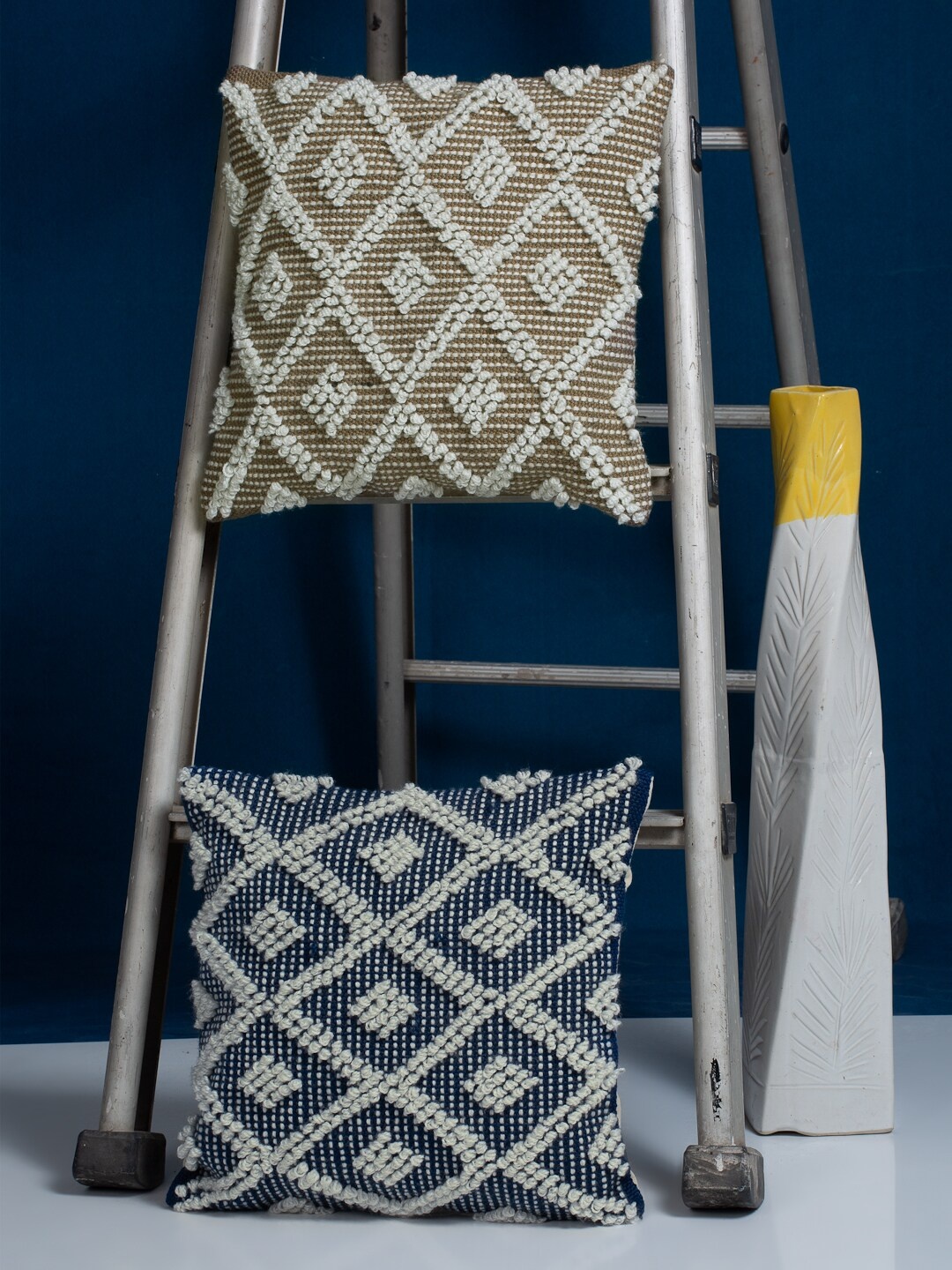 HOSTA HOMES White & Navy Blue Set of 2 Embroidered Square Cushion Covers