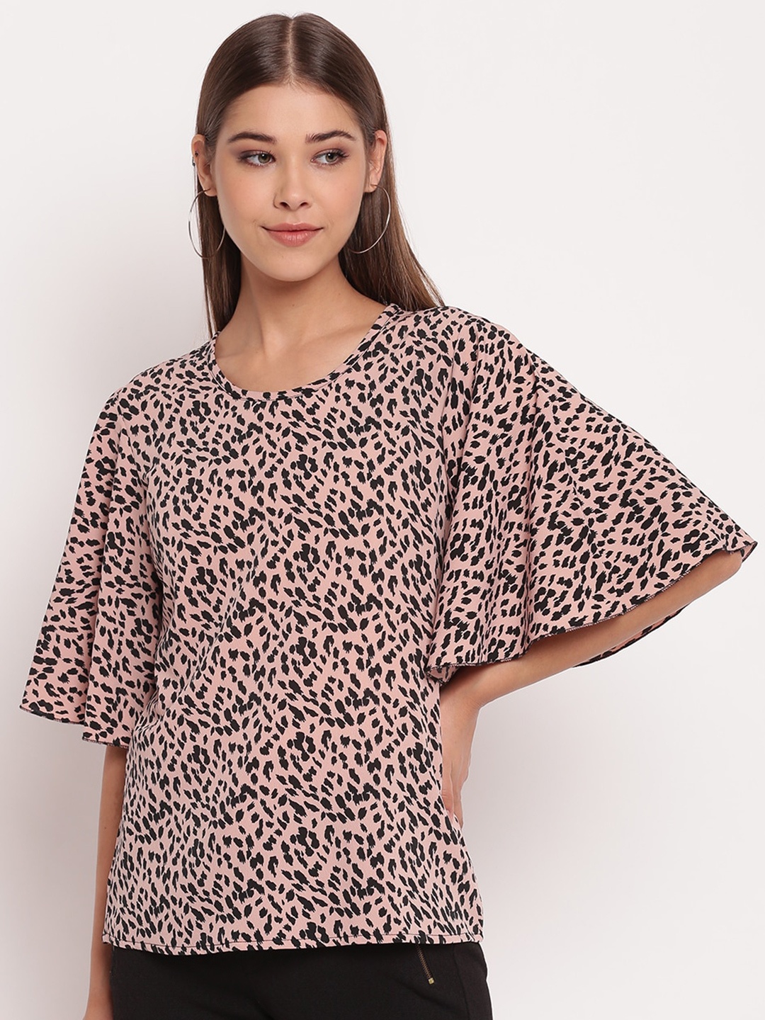 

AKIMIA Peach & Black Animal Print Crepe Regular Top