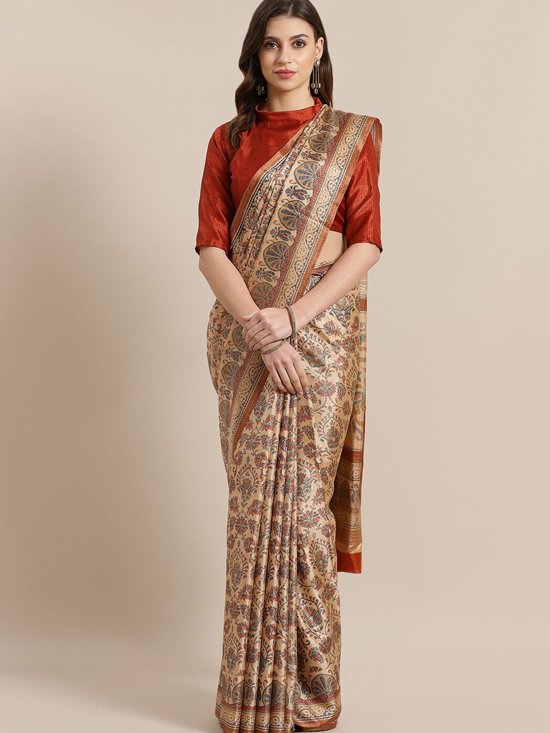 

Saree mall Beige & Orange Floral Silk Blend Sarees