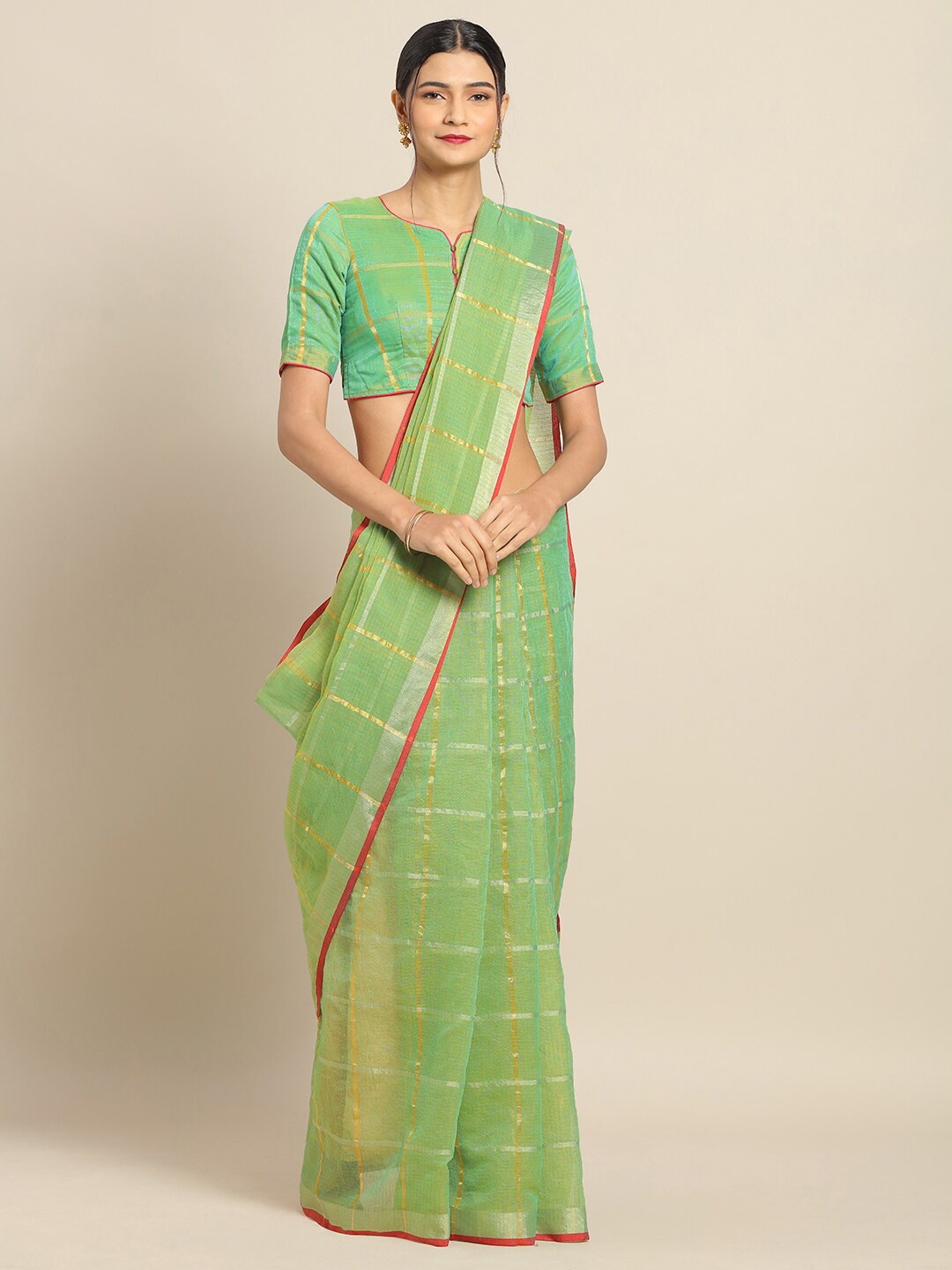 

Kvsfab Green Checked Saree