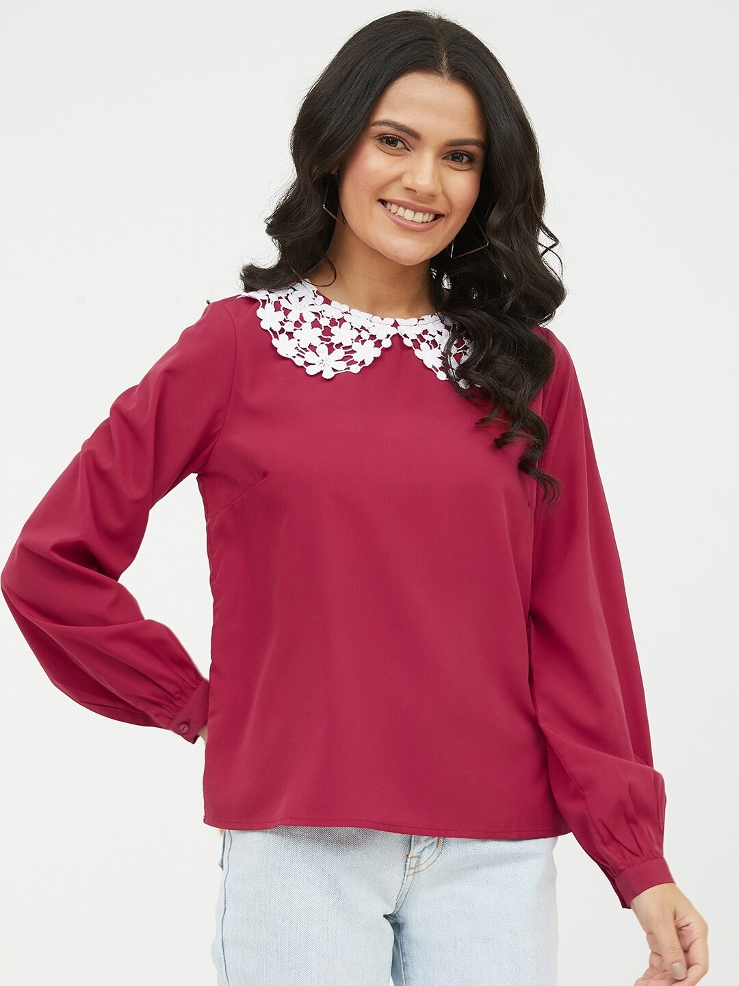 

Harpa Women Maroon Peter Pan Collar Crepe Regular Top