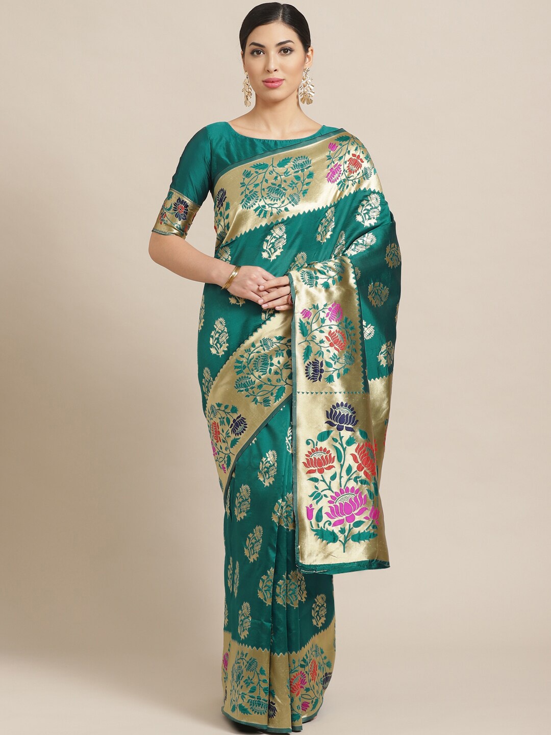 Saree mall Green & Gold-Toned Floral Silk Blend Sarees