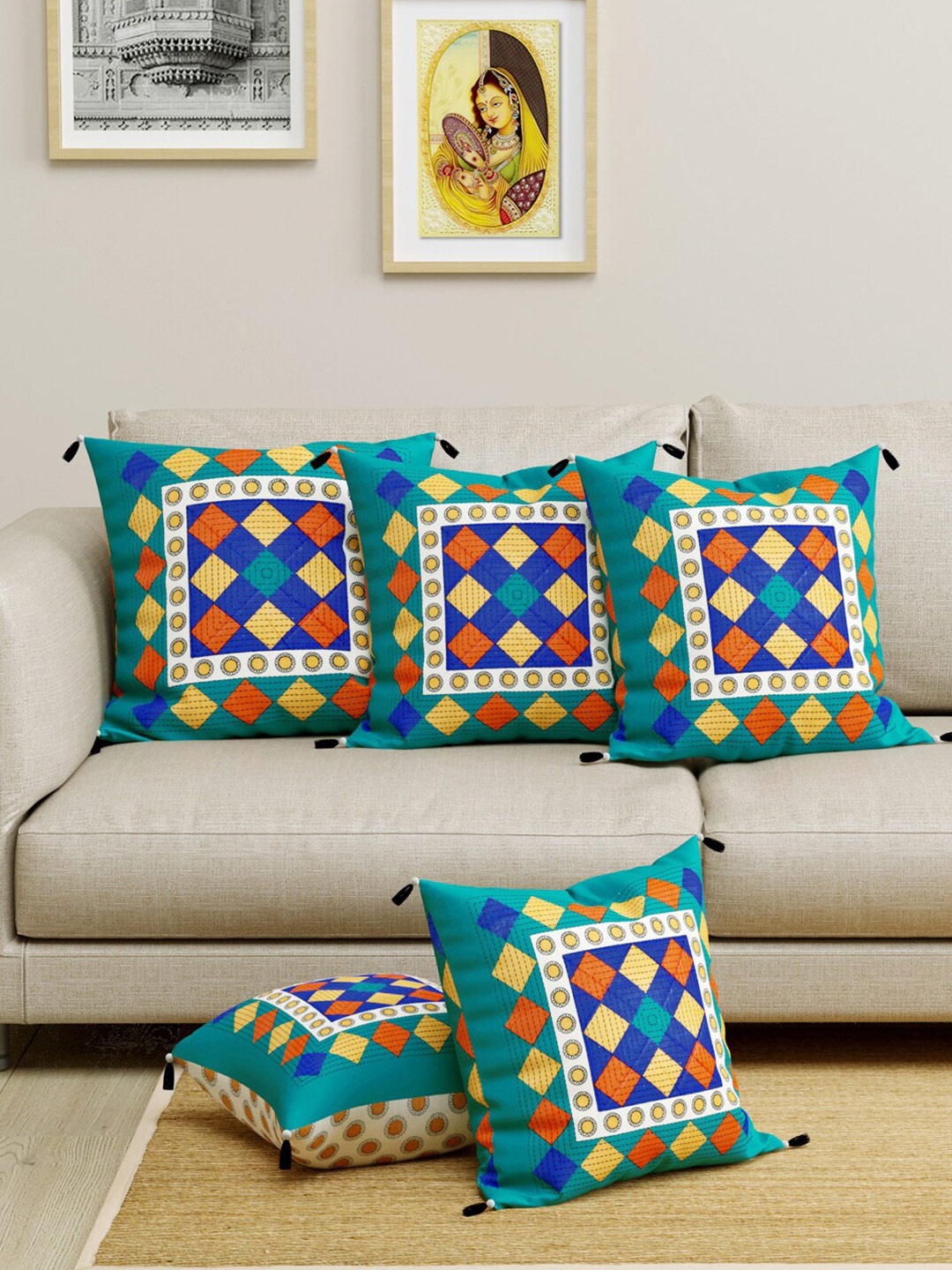 

LIVING ROOTS Sea Green & Blue Set of 5 Geometric Square Cushion Covers