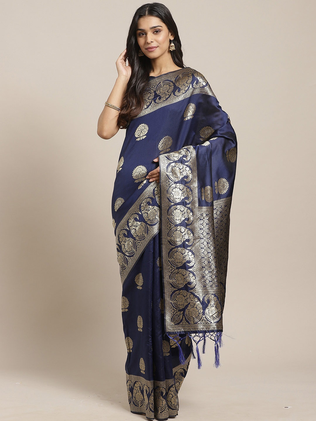 

Saree mall Navy Blue & Gold-Toned Woven Design Silk Blend Banarasi Sarees