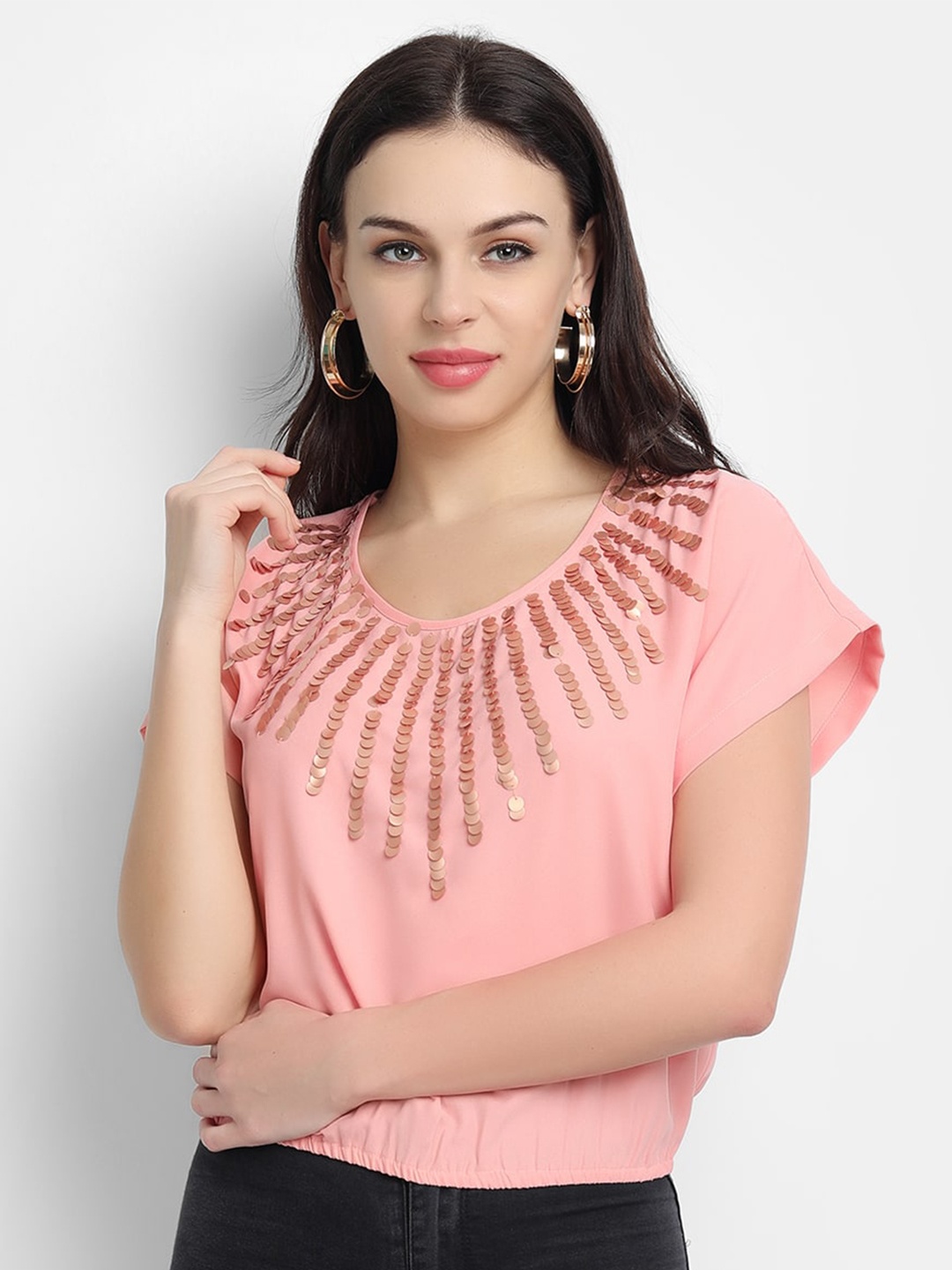

LY2 Pink Sequins Embellished Extended Sleeves Georgette Blouson Top