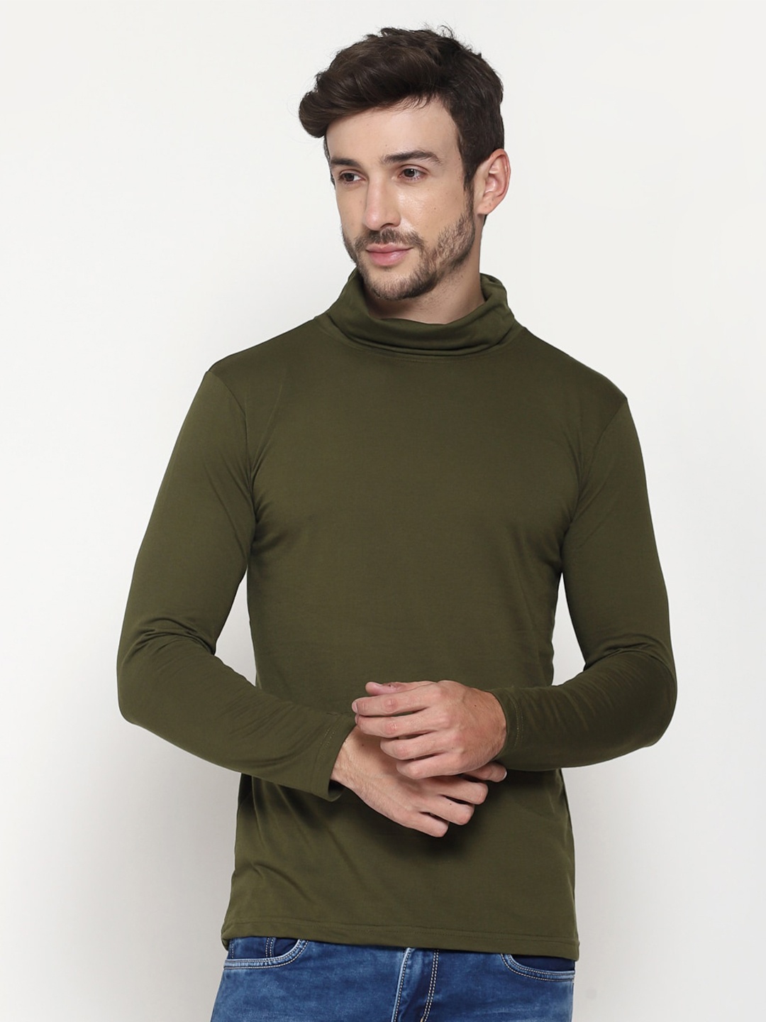 

PAUSE SPORT Men Olive High Neck Slim Fit T-shirt