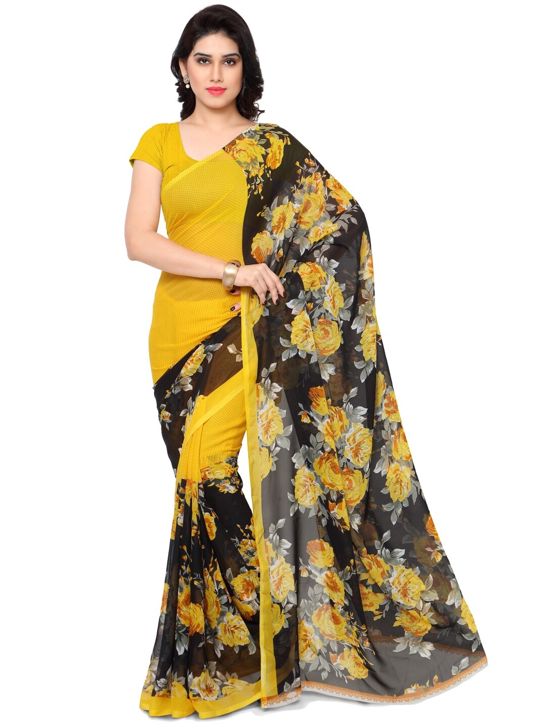 Moda Rapido Yellow & Black Floral Saree